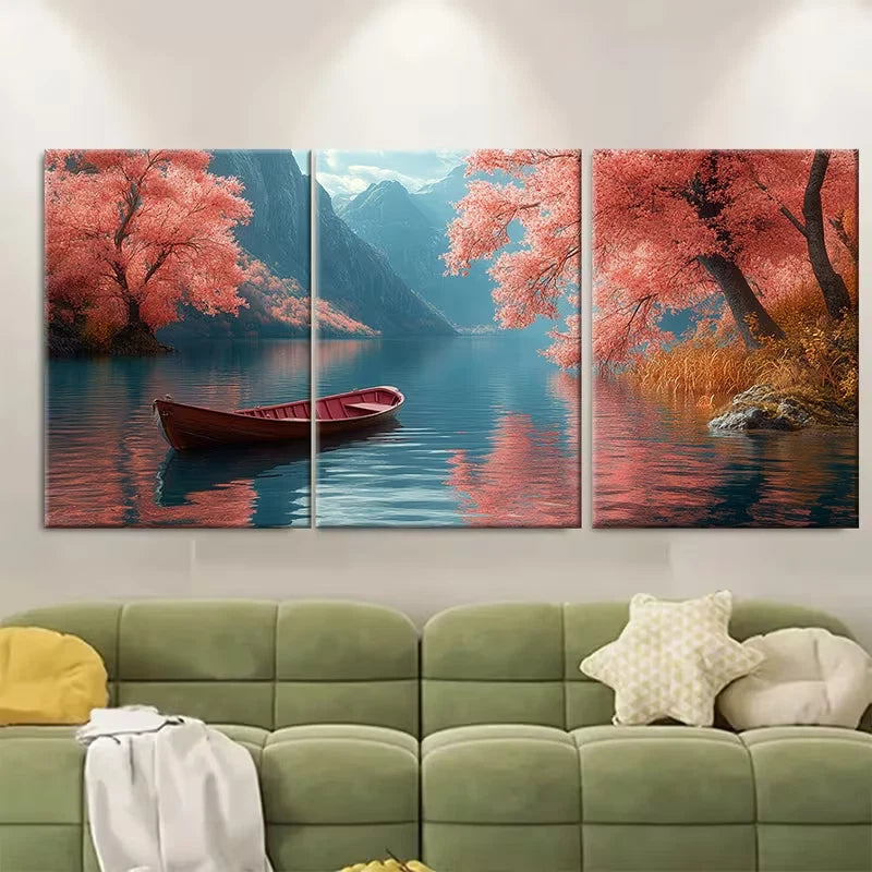 3pcs Mountain Lake Art with Submerged Boat Metal Print Ready to Hang Art