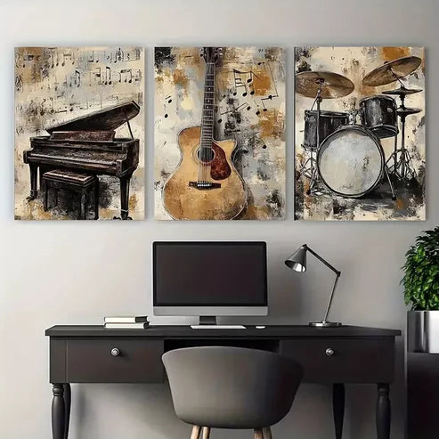 3pcs Vintage Musical Instruments Art Set Canvas Unframed - High Quality Print 100% Australian Made Wall Canvas