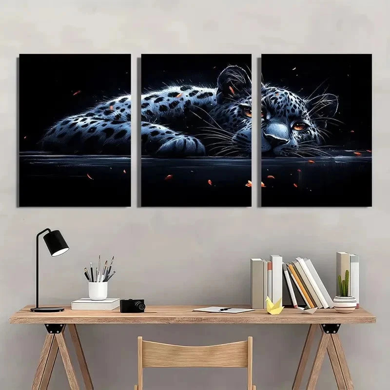 3pcs Black White Lying Leopard Animal Wall Art Set Canvas Framed 60x90cm - High Quality Print 100% Australian Made Wall Canvas Ready to Hang