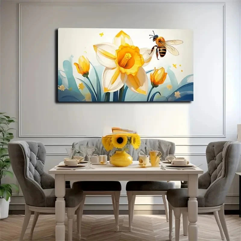 Vibrant Bee And Flower Wall Art Canvas Office Home Room Framed 120x60cm