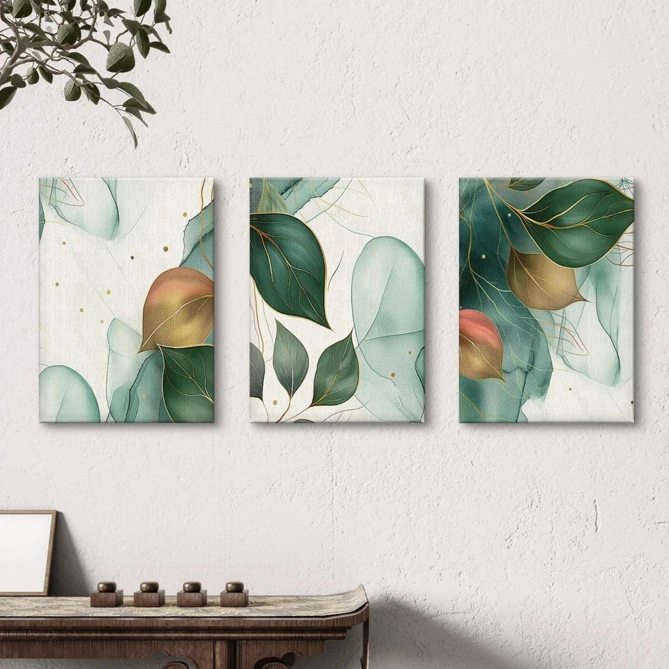 3pcs Abstract Botanical Green and Gold Leaves Wall Art Set Canvas Framed 40x60cm - High Quality Print 100% Australian Made Wall Canvas Ready to Hang