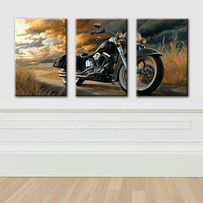 3pcs Sleek Black Motorcycle Wall Art Set Canvas Framed 60x90cm - High Quality Print 100% Australian Made Wall Canvas Ready to Hang