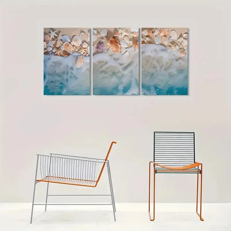 3pcs Seashell Starfish Beach Themed Wall Art Set Canvas Framed 60x90cm - High Quality Print 100% Australian Made Wall Canvas Ready to Hang