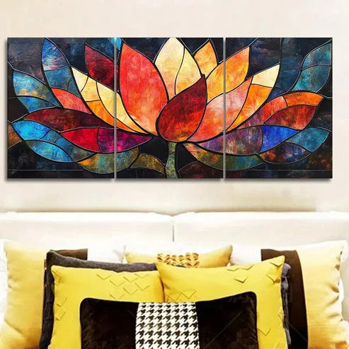 3pcs Vibrant Stained Glass Lotus Flower Painting Wall Art Set Canvas Unframed - High Quality Print 100% Australian Made Wall Canvas
