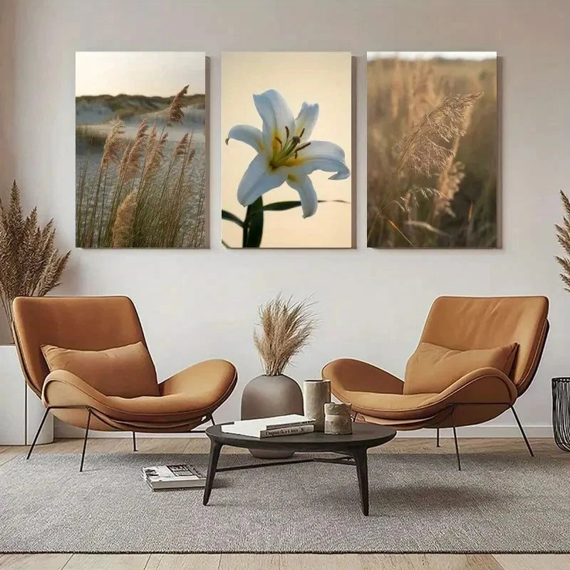 3pcs Pampas Grass, White Flower, Reed Leaves Wall Art Set Canvas Framed 50x70cm - High Quality Print 100% Australian Made Wall Canvas Ready to Hang - Bella Home Decor