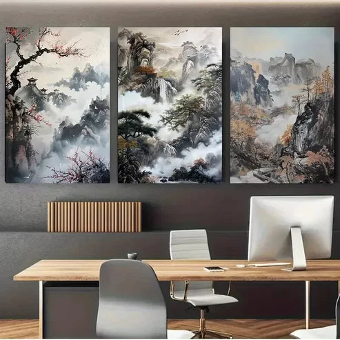 3pcs Mountain & Forest Chinese landscape Canvas Framed 60x90cm - High Quality Print 100% Australian Made Wall Canvas Ready to Hang
