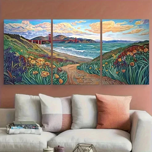 3pcs Baker Beach Golden Gate Bridge Wall Art Set Canvas Unframed - High Quality Print 100% Australian Made Wall Canvas - Bella Home Decor