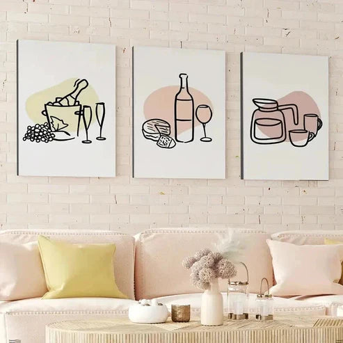 3pcs Line Art Trendy Bar Wine Bottle and Cheese Wall Art Canvas Unframed - High Quality Print 100% Australian Made Wall Canvas