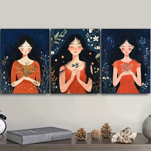 3pcs Flower Girl Prints Nature Flowers Wall Art Set Canvas Unframed - High Quality Print 100% Australian Made Wall Canvas - Bella Home Decor