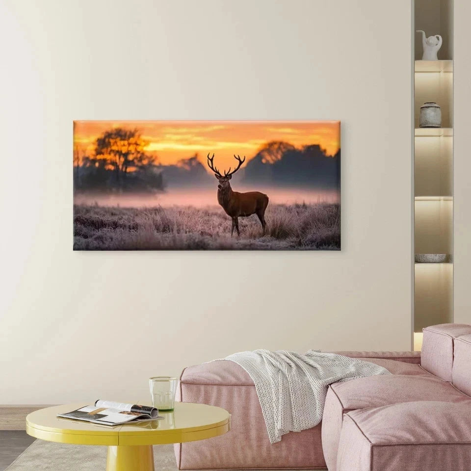 Elk Sunset with Autumn Hues Wall Art Canvas Office Home Room Framed 120x60cm