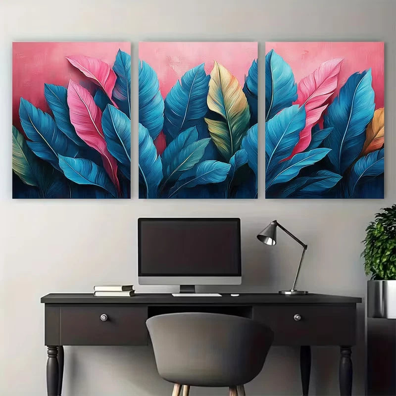 3pcs Jungle Foliage Pink Blue Teal Leaves Wall Art Set Canvas Framed 60x90cm - High Quality Print 100% Australian Made Wall Canvas Ready to Hang