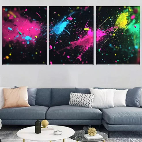 3pcs Vibrant Abstract Neon Paint Splash Wall Art Set Canvas Unframed - High Quality Print 100% Australian Made Wall Canvas