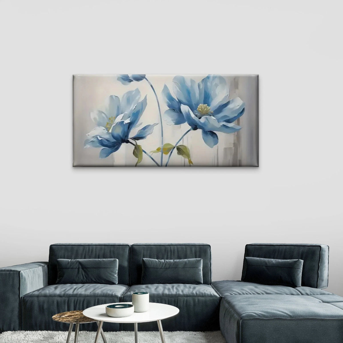 Modern Blue Floral Abstract Wall Art Canvas Office Home Room Framed 120x60cm