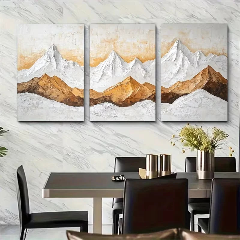 3pcs Abstract Mountain Range Rustic White and Ochr Metal Print Ready to Hang Art