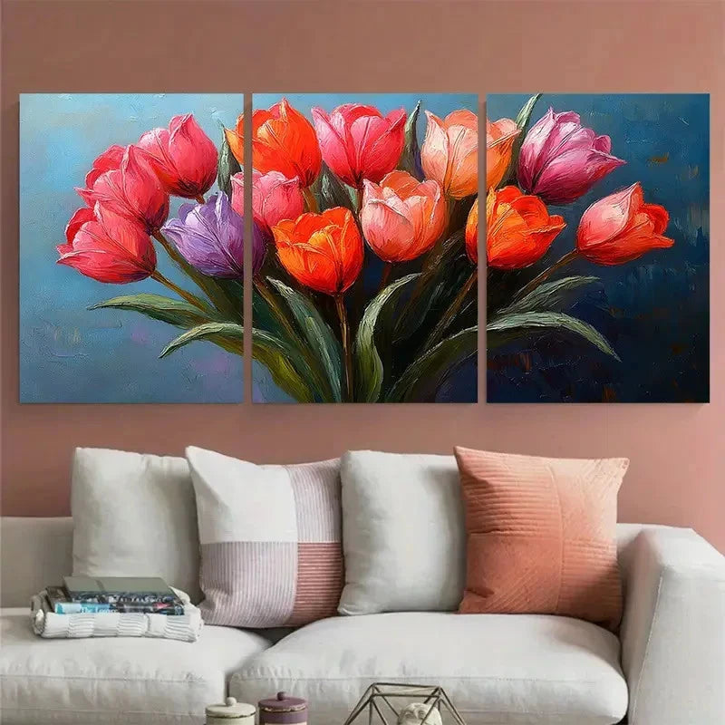 3pcs Impasto Flower Tulip Bouquet Vibrant Floral Wall Art Set Canvas Framed 40x60cm - High Quality Print 100% Australian Made Wall Canvas Ready to Hang