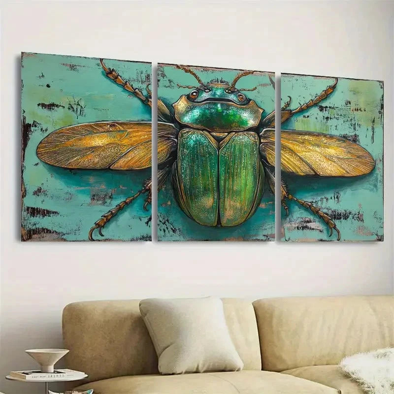 3pcs Emerald Green Enchanted Scarab Beetle Wall Art Set Canvas Framed 40x60cm - High Quality Print 100% Australian Made Wall Canvas Ready to Hang