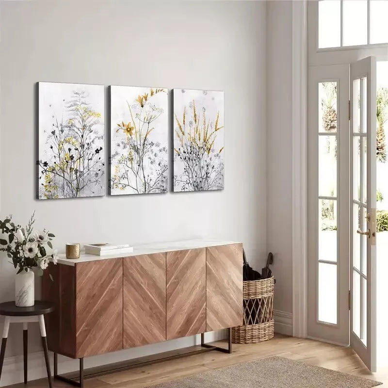 3pcsGrey Wildflowers and Weeds Wall Art Set Canvas Framed 50x70cm - High Quality Print 100% Australian Made Wall Canvas Ready to Hang