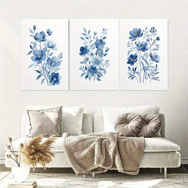 3pcs Minimalist Blue Watercolor Floral Wall Art Set Canvas Framed 40x60cm - High Quality Print 100% Australian Made Wall Canvas Ready to Hang
