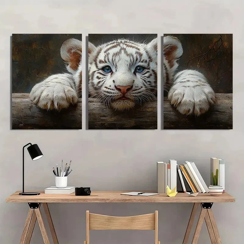 3pcs Vibrant White Tiger Cub Wall Art Set Canvas Framed 60x90cm - High Quality Print 100% Australian Made Wall Canvas Ready to Hang