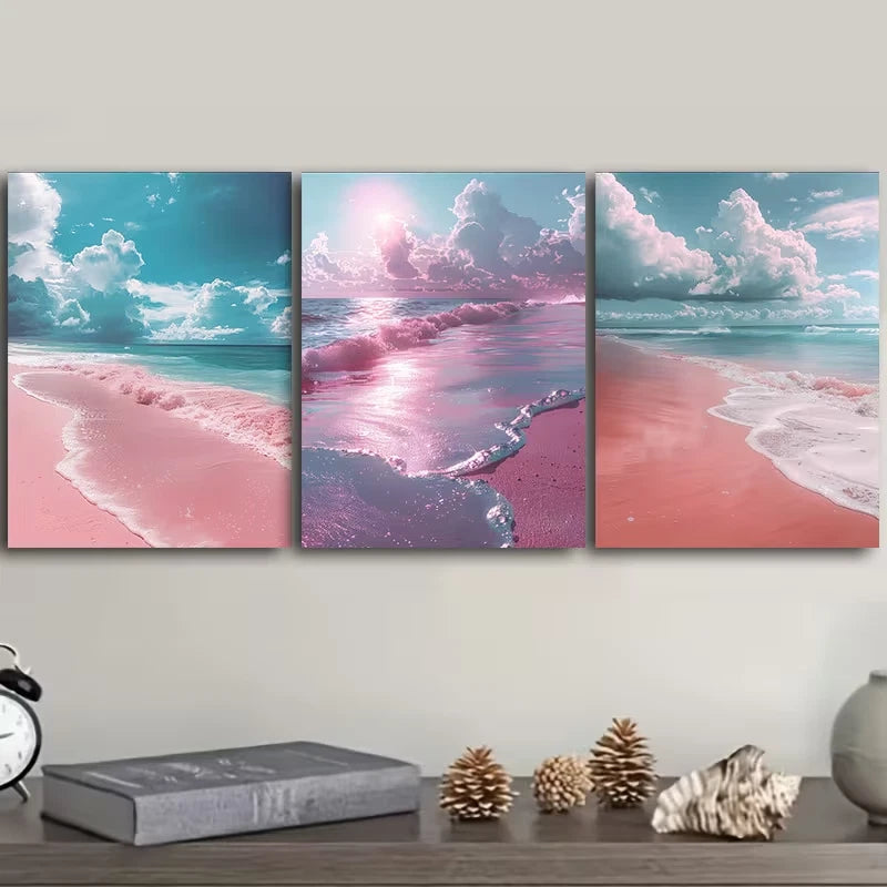3pcs Pink Sand and Soft Blue Ocean Horizon Metal Print Ready to Hang Art