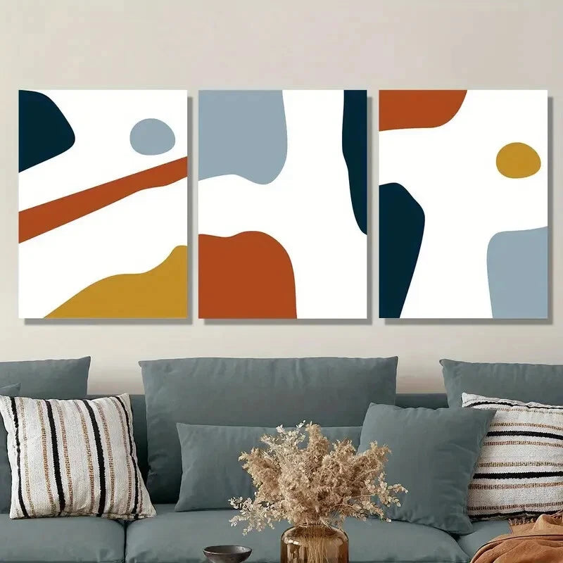 3pcs Burnt Orange & Teal Geometric Shapes Metal Print Ready to Hang Art