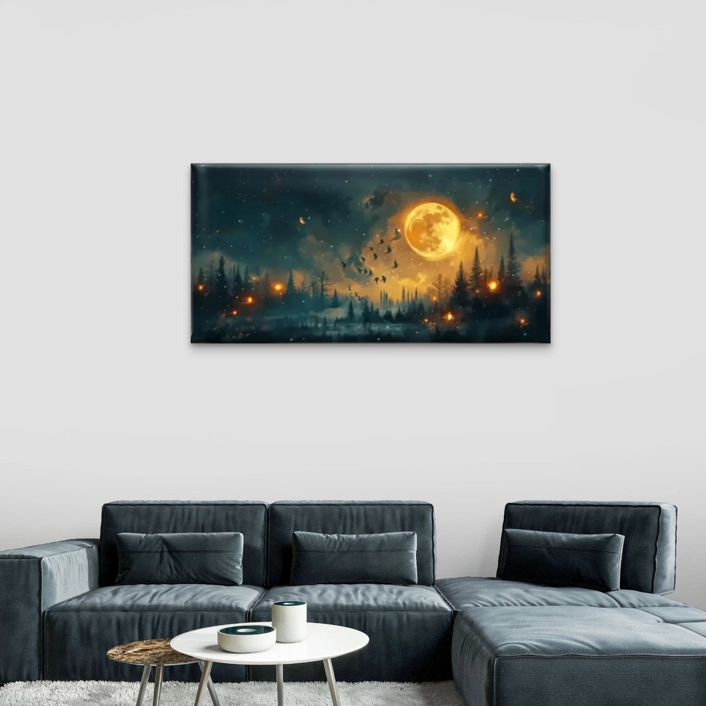 Full Moon Forest Night Wall Art Canvas Office Home Room Framed 120x60cm