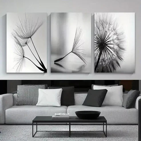 3pcs Dandelion Flower Black & White Art Set Canvas Unframed - High Quality Print 100% Australian Made Wall Canvas - Bella Home Decor