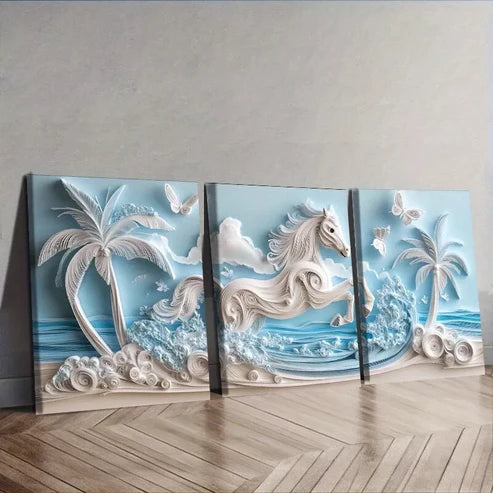3pcs Featuring A Galloping Horse In The Beach Wall Art Set Canvas Unframed - High Quality Print 100% Australian Made Wall Canvas