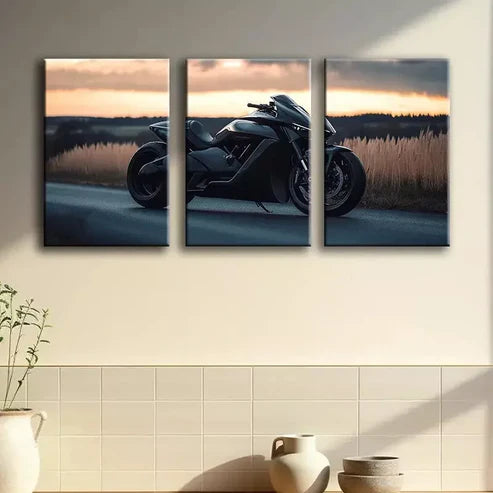 3pcs Sleek Black Motorcycle Wall Art Canvas Unframed - High Quality Print 100% Australian Made Wall Canvas