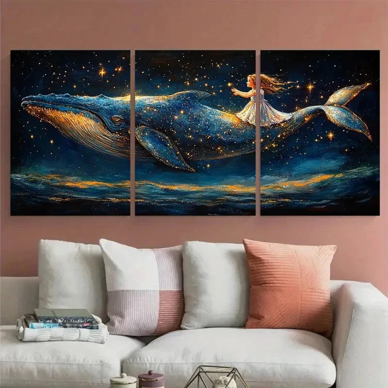 3pcs Starry Whale Daughter Fantasy Wall Art Set Canvas Framed 40x60cm - High Quality Print 100% Australian Made Wall Canvas Ready to Hang - Bella Home Decor