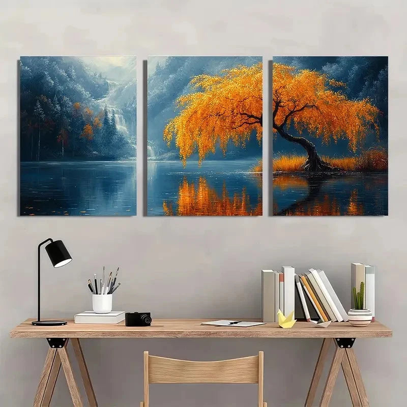 3pcs Willow Tree by The Lake Wall Art Set Canvas Framed 60x90cm - High Quality Print 100% Australian Made Wall Canvas Ready to Hang