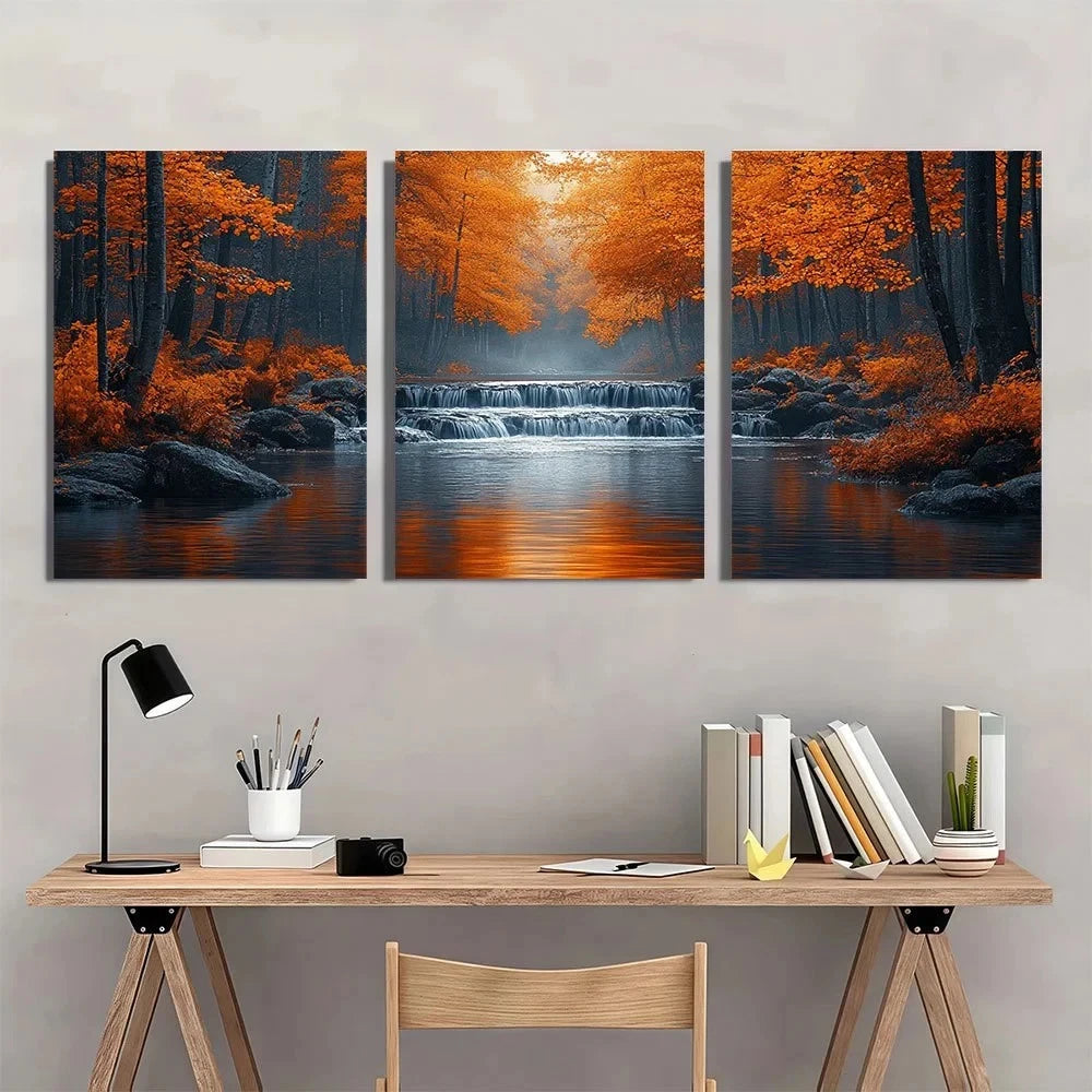 3pcs Orange Trees & Waterfall Autumn Forest Wall Art Set Canvas Framed 60x90cm - High Quality Print 100% Australian Made Wall Canvas Ready to Hang