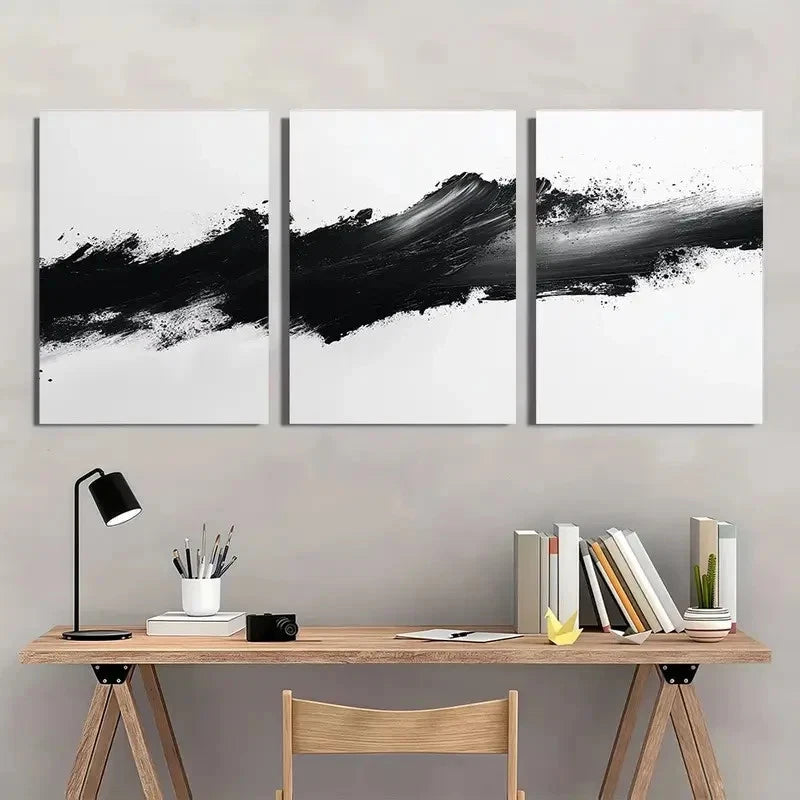 3pcs Black White Abstract Stroke Graffiti Design Wall Art Set Canvas Framed 60x90cm - High Quality Print 100% Australian Made Wall Canvas Ready to Hang