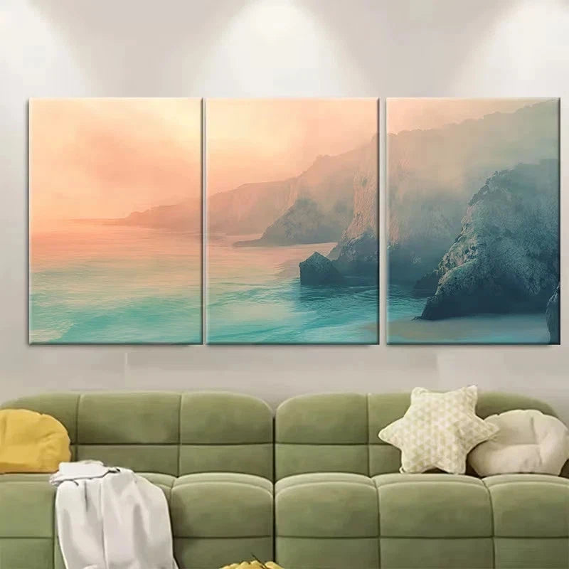 3pcs Cliffside Beaches in Golden Light Wall Art Set Canvas Framed 60x90cm - High Quality Print 100% Australian Made Wall Canvas Ready to Hang