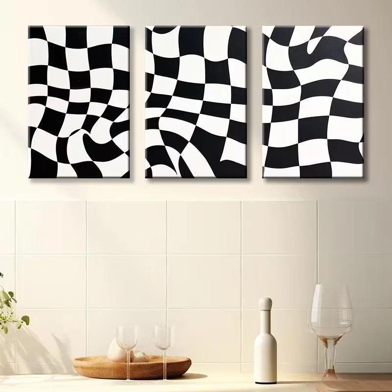 3pcs Black and White Checkered Pattern Wall Art Set Canvas Framed 50x70cm - High Quality Print 100% Australian Made Wall Canvas Ready to Hang - Bella Home Decor