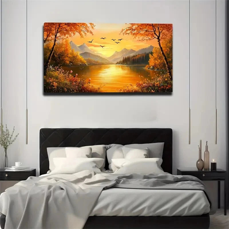 Sunset Over Lake With Mountains Wall Art Canvas Office Home Room Framed 120x60cm