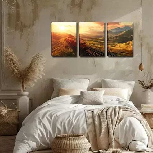 3pcs Scenic Mountain Train Warm Sunset Landscape Wall Art Canvas Unframed - High Quality Print 100% Australian Made Wall Canvas