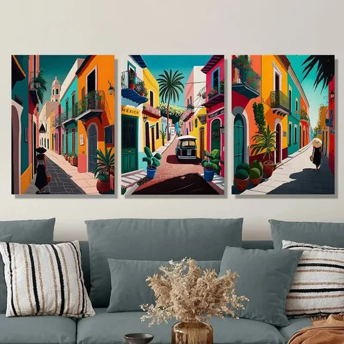 3pcs Colorful Retro Mexican Street Art, Mexican Wall Art Canvas Unframed - High Quality Print 100% Australian Made Wall Canvas - Bella Home Decor