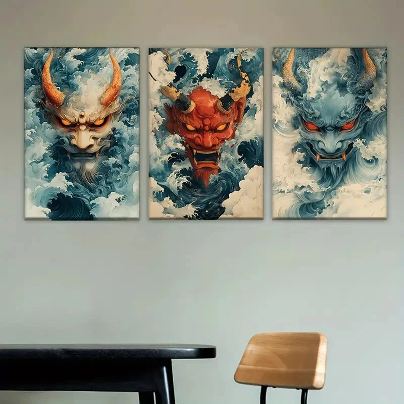 3pcs Two Demons with Horns Wall Art Set Canvas Framed 50x70cm - High Quality Print 100% Australian Made Wall Canvas Ready to Hang - Bella Home Decor