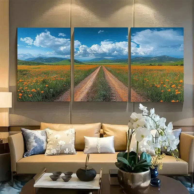 3pcs Vibrant Orange Poppy Field with Hills & Blue Metal Print Ready to Hang Art