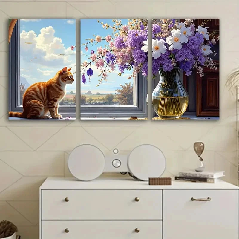 3pcs Cat Sitting On Chair Painting Wall Art Set Canvas Framed 50x70cm - High Quality Print 100% Australian Made Wall Canvas Ready to Hang - Bella Home Decor