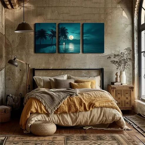 3pcs Under The Night Sky, Seaside Coconut Trees Wall Art Canvas Unframed - High Quality Print 100% Australian Made Wall Canvas
