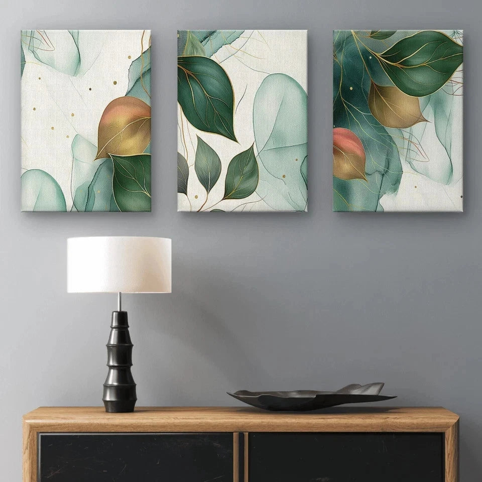 3pcs Abstract Botanical Green and Gold Leaves Wall Art Set Canvas Framed 50x70cm - High Quality Print 100% Australian Made Wall Canvas Ready to Hang