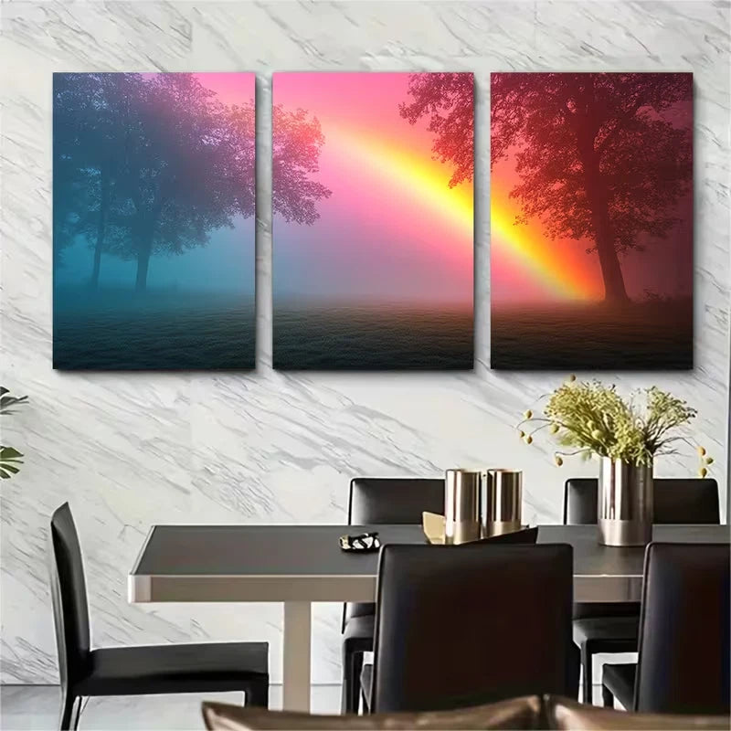 3pcs Ethereal Rainbow Foggy Sky Landscape Metal Print Ready to Hang Art