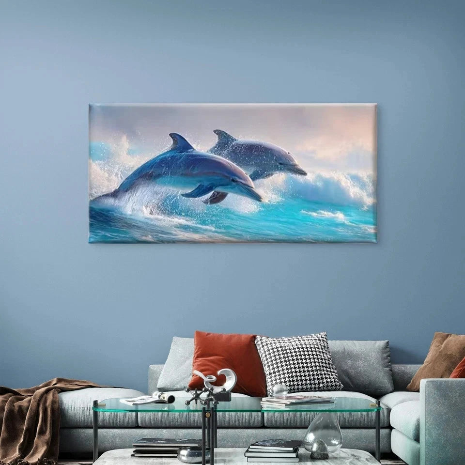 Dolphins in Ocean Waves Wall Art Canvas Office Home Room Framed 120x60cm