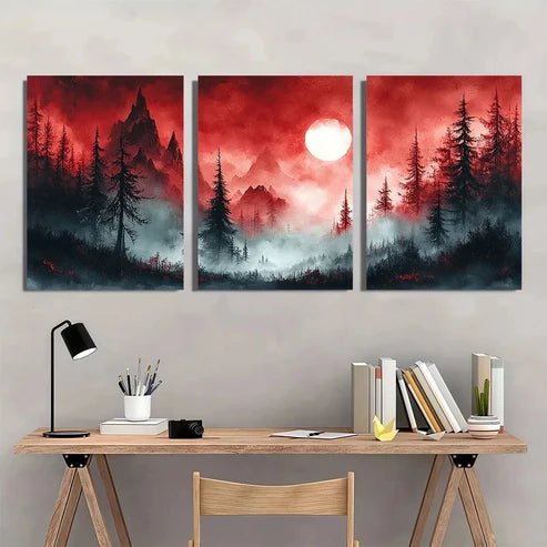 3pcs Red And Black Scenic Mountain Trees Wall Art Canvas Unframed - High Quality Print 100% Australian Made Wall Canvas