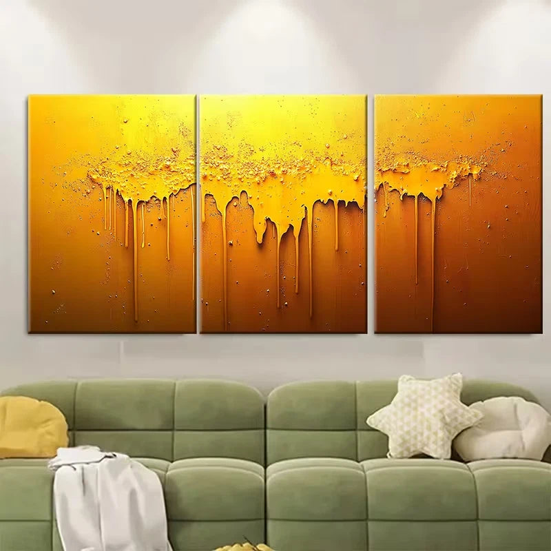 3pcs Abstract Dripping Yellow and Orange Splatter Metal Print Ready to Hang Art