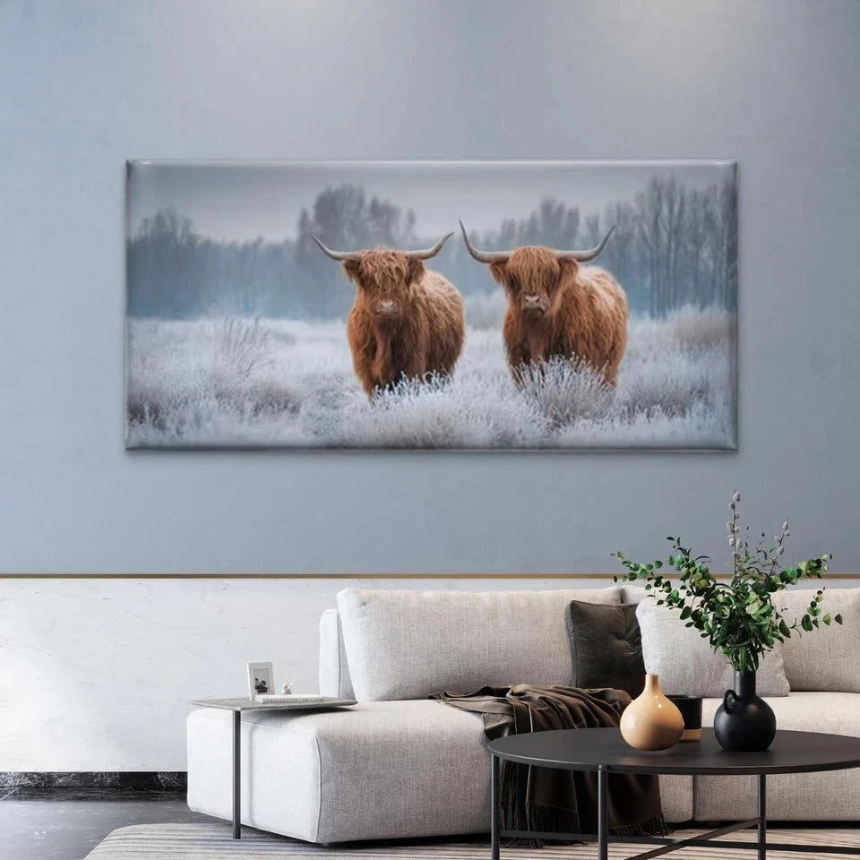 Highland Cattle in Frosty Field Wall Art Canvas Office Home Room Framed 120x60cm