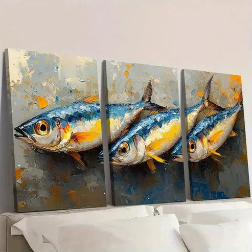 3pcs Vibrant Blue & Orange Fish Wall Art Set Canvas Unframed - High Quality Print 100% Australian Made Wall Canvas - Bella Home Decor