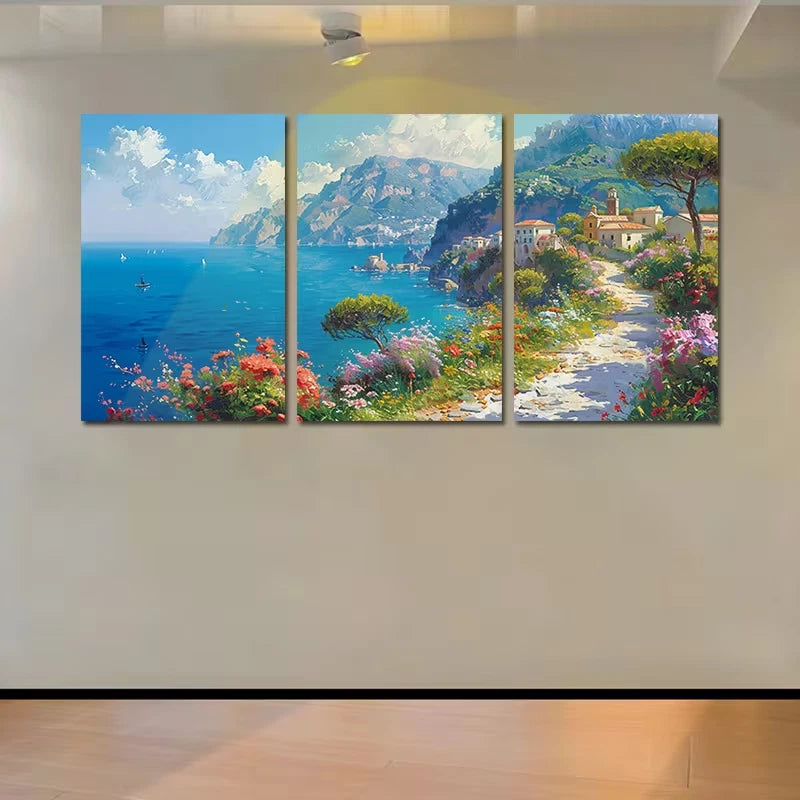 3pcs Vibrant Mediterranean Landscape with Floral Wall Art Set Canvas Framed 50x70cm - High Quality Print 100% Australian Made Wall Canvas Ready to Hang